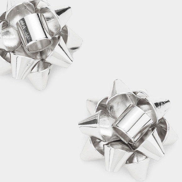Silver Christmas Gift Bow Ribbon Stud Earrings Cute Fashion Jewelry Accessories - Picture 2 of 2